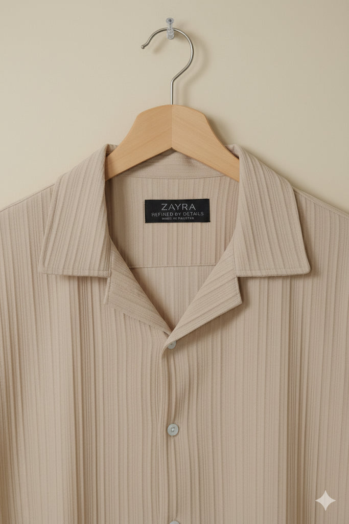 Sand biege textured strip shirt