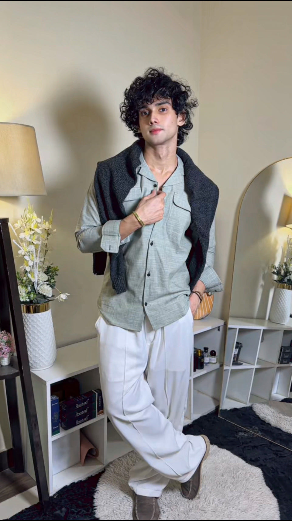 linen blended shirt(Ash Olive)