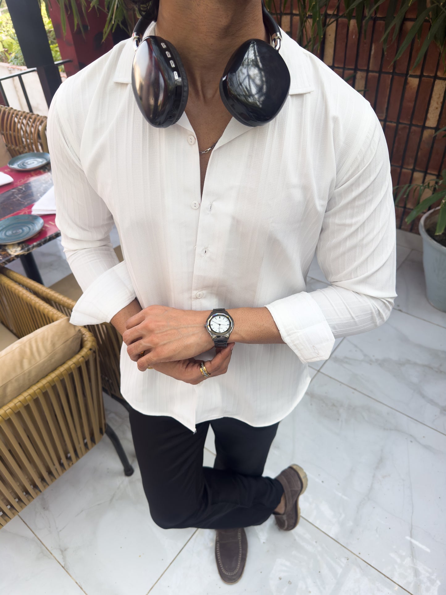 Pure white textured strip shirt