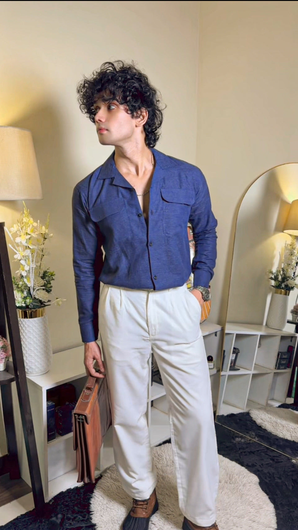 linen blended shirt(neavy blue)