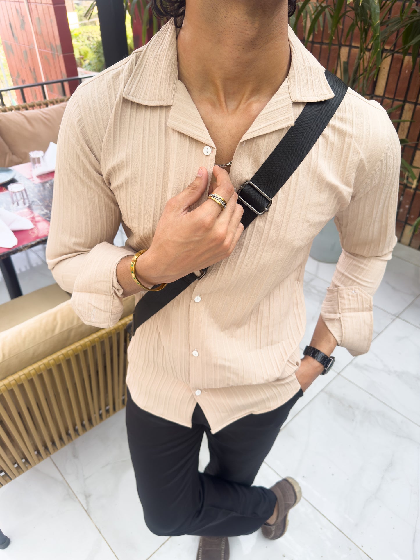 Sand biege textured strip shirt